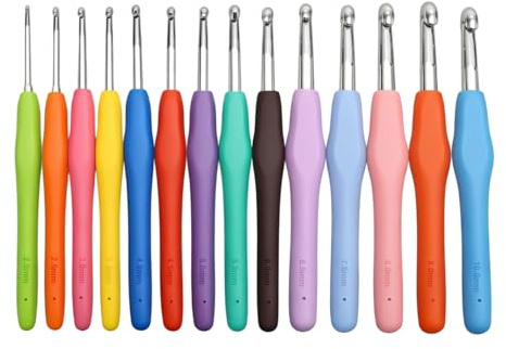 QLK 14 PCS Crochet Hooks Set, Knitting Needles Kit for Beginners, Ergonomic Soft Grip Rubber Handles Crochet Accessories, Handmade Woven Rainbow Yarn Needle for Beginners Adults (2mm to 10mm)