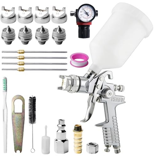 HVLP Lackierpistole Spritzpistole mit 4 Düse 1,4mm 1,7mm 2,0mm 2,5mm, Profi Farbsprühsystem Spraypistole Lackierpistole Druckluft Farbspritzpistole mit 600ml Plastikbecher & Druckmessgeräte