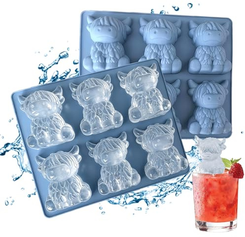 Zamety Isbitsform silikon, isbitsform med lock, 6-faldig Highland Cow isbitsform, återanvändbar 3D Ice Cube Bricka, roliga mini höglandko, isbitsformar för whisky cocktails