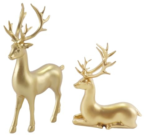 SYLEN Paquete de 2 figuras decorativas de alce, decoración de Navidad, figuras de reno, decoraciones de escritorio para mesa, sala de estar, cocina, color dorado