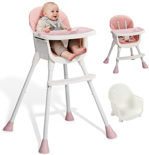 LEADZM 3 in 1 Babyhochstuhl, Verstellbar zum niedrigen Kinderhocker, Abnehmbares Doppeltablett, Mit 5-Punkt-Sicherheitsgurt, Maximale Belastung 15 kg, Geeignet für Babys von 6 bis 36 Monaten (Rosa)