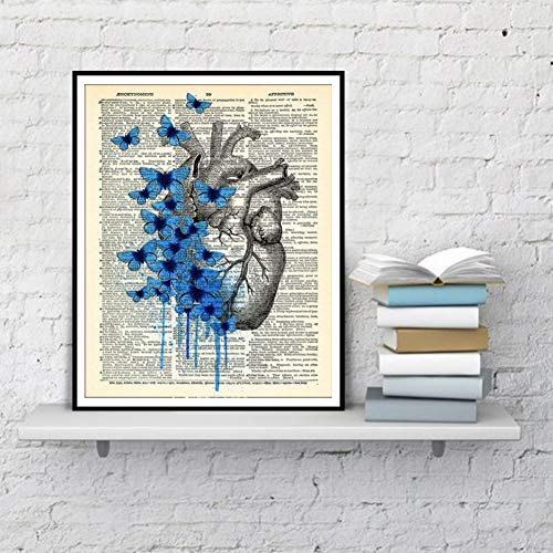 EPSMK Pittura Decorativa Cuore Anatomia Umana Farfalla Stampa Anatomica del Cuore sulla Pagina del Dizionario Vintage Anatomia Cuore Decorazione murale Cuore Poster Pittura Quadro su tela-60x80cm