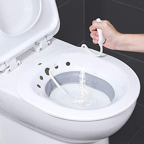 Sitz Bath for Toilet Seat,Foldable Sitz Bath,Sitz Bath Foldable with Flusher,Sitz Bath Over The Toilet,for Hemorrhoids and Perineum Treatment,Alleviate Vaginal or Anal Inflammation (White&Gray)