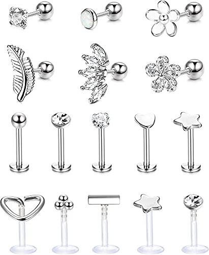 Milacolato Vorwärts Helix Knorpel Tragus Ohrringe Ohrstecker Edelstahl Acryl Klare Lippen Nasenringe Labret Ohrstecker CZ Blumen Blatt Opal Langhantel Helix Knorpel Ohrring Monroe Piercing Schmuck 16G