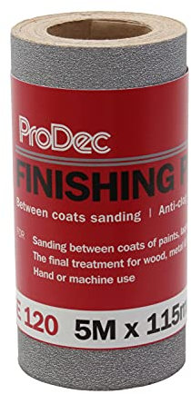 ProDec Rollo de 5 m de papel de lija de grano grueso 120 para lijar entre capas de pintura o barniz - Rollo de papel de lija de 115 mm de ancho compatible con lijadoras a máquina y lijadoras manuales
