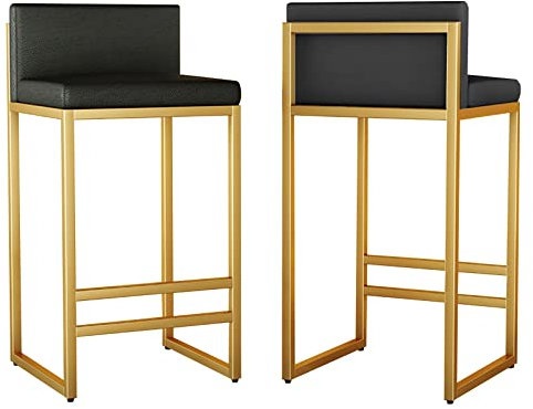 Lsoiup Modernes Barhocker-Set mit 2 Barhockern in Barhöhe mit Rückenlehne aus Pu-Leder, Goldfarbene Barhocker, gepolsterte Inselstühle für die Hausbar/das Esszimmer