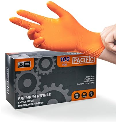 PACIFIC 8-mil Guantes Desechables de Nitrilo Naranja, Heavy-Duty, Industrial, Mecánico, Con Textura de Diamante, Sin Látex, Sin Polvo, EN 374, M/8
