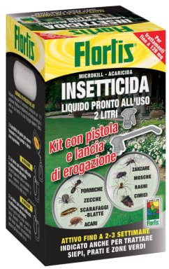 Flortis Kit Microkill. Set tanica insetticida liquido antizanzare 2L, pistola e lancia. Antizanzare giardino contro zanzare, mosche, zecche e insetti. Con cipermetrina e tetrametrina. Pronto all'uso.