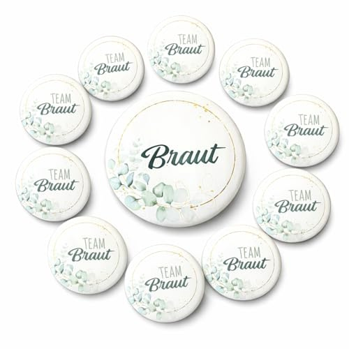JGA-Button-Set Goldkranz Eukalyptus I 1xBraut (Ø50 mm)+ 10xTeam Braut (Ø37mm) I grün + weiß I Hochzeit JGA Party Anstecker
