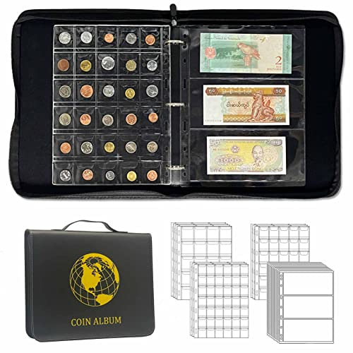 Münzsammlung Halter Album Buch für Sammler 296 Taschen 30 Hüllen Papier Geld Viertel Rechnung Stempel