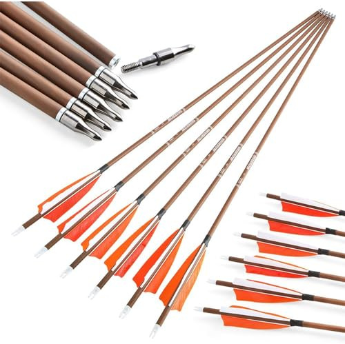 AMEYXGS 6/12x Bogenschießen Carbon Pfeile 31inch Jagdpfeile 340/400/500/600 Spine mit 4 Truthahnfedern Bogenpfeile für Recurve Compound Traditionelle Bogen Praxis (12, Orange, Spine 600)