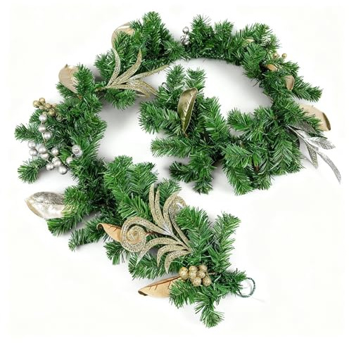 200cm Christmas Garland Decorated with Silver and Champagne Gold Berries, Eucalyptus Leaves, Pine Needles, Grapevine - Fireplace Door Room Wall Home Hanging Xmas Decorations