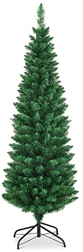 SOARS Sapin de Noel Artificiel, Sapin de Noel Mince en PVC de Qualité, Cadre à Charnière avec Base Métallique Robuste, 220 Branches, sans Lumière, pour Maison, Bureau, Magasins, Vert (150cm)