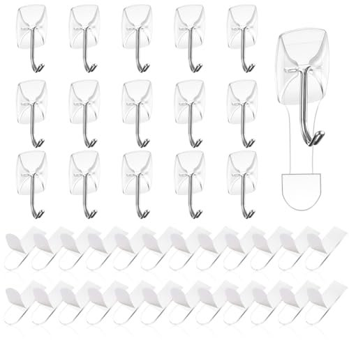 Ainiv Crochet Adhésif, 16 Petits Crochets Muraux Transparents avec 24 Bandes Adhésives, Crochets Utilitaires sans Dommages, pour Accroche Salle de Bain, Cuisine, Plafond, Mural, Porte