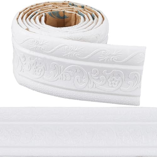 CRASPIRE 88 x 3 Inch White Crown Molding Peel and Stick Self Adhesive Flexible Foam Trim 3D Sticky Decorative Wallpaper Border Wall Edging Foam Baseboard Mirror Border Wall Lines Hotel DIY Decor
