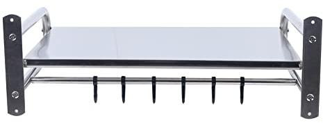 Queeucaer Microwave Oven Rack Wall-Mounted Shelf Stainless Steel Bracket Hanging Kitchen Utensils Storage Holder Wall Stand Kitchens With 6Hooks Suitable For Most Households with 6 Hooks