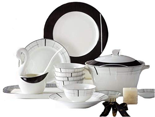 Service de table en porcelaine, 66 pièces, combinaison moderne de vaisselle surglacée noir et blanc, adaptée à 10 personnes