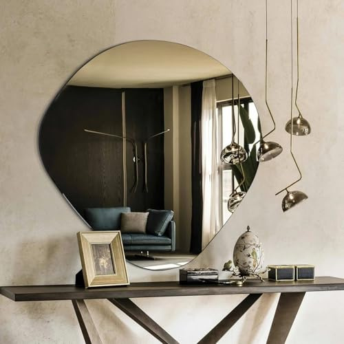 BST FURNH Dewdrop Unregelmäßiger Wandspiegel,asymmetrischer Badezimmerspiegel, Holzrahmen, moderner dekorativer Schminkspiegel, Wandspiegel für Schlafzimmer, Wohnzimmer, Eingangsbereich(50 * 50cm)