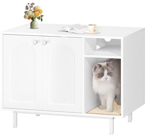 Hzuaneri Katzenschrank, 80 x 50 x 61 cm Katzenklo Schrank, Weiß | Katzentoilette, Katzenhaus mit Tür und separater Trennwand, 80 x 50 x 61 cm, Stabile Katzenschrank, Sitzbank, CB01513W
