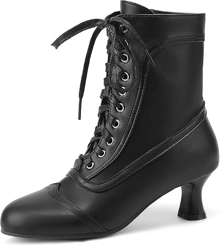 Voviggiw Bottines victoriennes à lacets pour femme - Bout rond - Talon chaton - Vintage - Fermeture éclair latérale, Noir , 40.5 EU