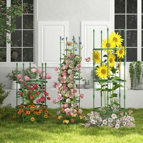 GYMAX 3 Pezzi Gabbie per Pomodori per il Supporto delle Piante da Giardino, Traliccio per Piante/3 Anelli di Supporto Regolabili, Clip, Legature, Diametro 50 cm (50 x 154 cm)