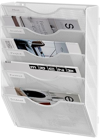 Senhoglb Filmapporganisatör, 5-nivåers näthängande väggfilhållare, tidningsställ, väggfilorganiserare med fickor, dokumentorganisatör, brevorganiserare väggmonterad för kontor hem, vit