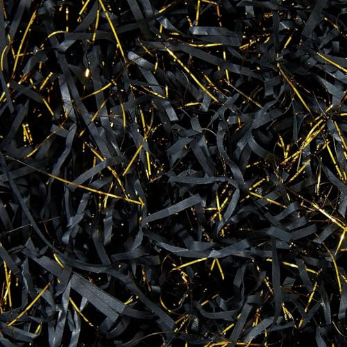 200g Hamper Stuffing Filler, Red Shredded Tissue Paper, Raffia DIY Hamper Filling Filler Glitter Paper Shreds Box Basket Filling Grass Craft Ribbon for Birthday Party Supplies (Black)