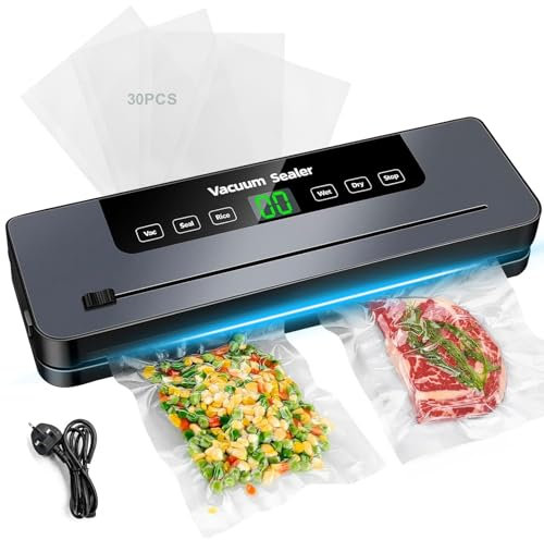 Vacuum Sealer, 6-in-1 Multi-Functional Food Vacuum Sealer, Built-in Cutter and Visible LED Digital Countdown Display for Dry and Moist Food Fresh Preservation with 30Pcs Vaccum Sealer Bags