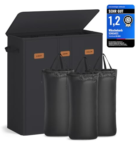 SONGMICS 3-facks tvättkorg, 160 l, med lock, 5 etiketter, avtagbar och tvättbar innerpåse, tvättstuga eller sovrum, bläcksvart RLH013B01