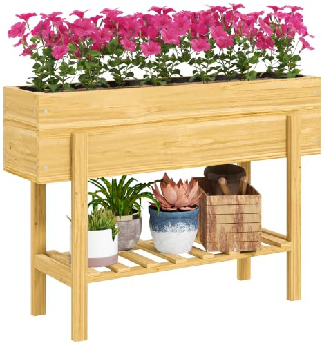 Outsunny Jardinière sur Pieds Potager 100 x 30 x 70,5 cm Bois Naturel | Carré Potager De Jardin Sur Pieds, 2 Trous De Drainage, En Bois, pour Fleurs Herbes Légumes