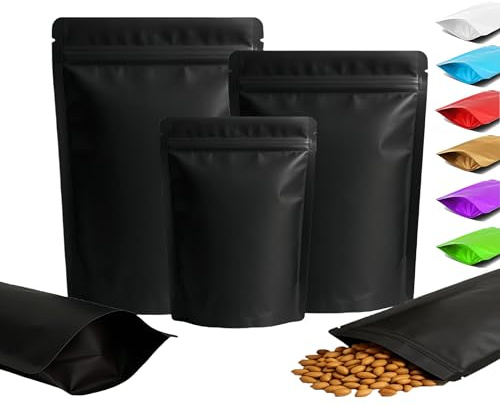 Plaphy 100-pack Stående Aluminiumfolie Zippåsar Återförslutbara, Matta Färgade Stand up Ziplock Mylarpåsar, Lufttäta Doypack för Förpackning och Förvaring Livsmedel, Snacks, Godis (Svart, 14 x 20 cm)