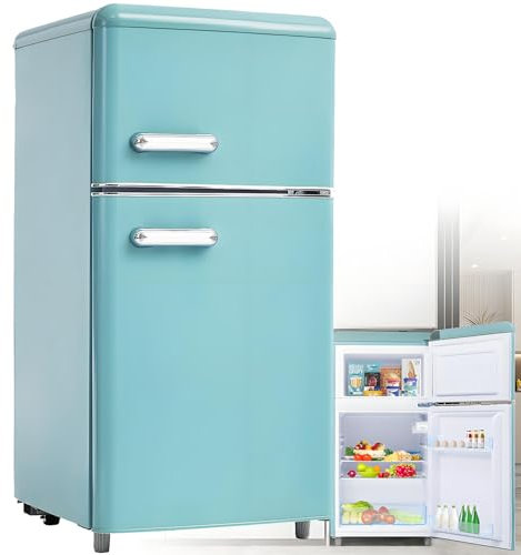 Combinación frigorífico-congelador retro: Dos puertas, 86,8 cm de alto, 45,5 cm de ancho, frigorífico pequeño de 60 litros de volumen total, silencioso, 120 kWh/año,Blue