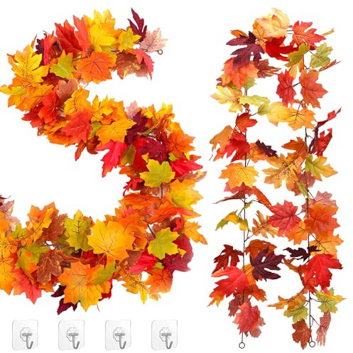 2 Stück Künstliche Herbstgirlande mit Ahornblättern,176cm–Weinblätter & Kunstblätter Girlande für Herbstdeko,Hochzeit, Party,Erntedankfest,Weihnachten–Innen & Außen,Mit Selbstklebendem Haken