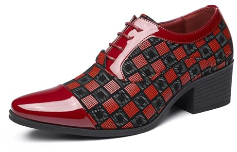Men's Patterned Patent Leather Lace Up Chunky Heel Dress Oxford Shoes Comfortable Patckwork Cap Pointed Toe Derby Shoes for Party Wedding Formal Event Office Business Work (red-2,10)