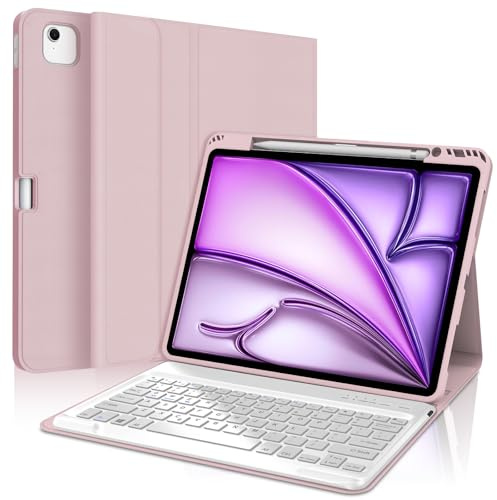 SENGBIRCH Funda de teclado para iPad Pro 12.9 6ª/5ª/4ª/3ª generación, teclado desmontable con diseño del Reino Unido, funda para iPad Air de 13 pulgadas 2025 M3/2024 M2, rosa