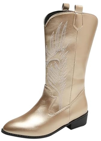 Generisch Winter Leather Boots for Women, Half Boots with Heel, Plain Non-Slip Plus Size Thick Boots Shoes Elegant Black Western Boots Wide Shaft, gold, 9 UK