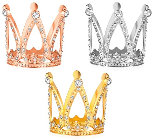 Grevosea 3 Pcs Small Crown Cake Topper, Mini Crowns Princess Cupcake Toppers Rhinestone Crowns for Flower Bouquets Birthday Wedding Baby Shower Party Cake Decorations (Gold, Silver, Rose Gold)