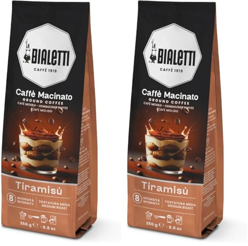 Bialetti Caffè Macinato Universale 250 g – Miscela aromatizzata al Tiramisù, ideale per Moka, French Press ed Espresso (Confezione da 2)