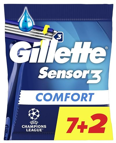 Gillette Rasoir Jetable pour Hommes Sensor 3, pack de 9, Bleu – Lames au Revêtement Chromé Tête Pivotante, Bande Lubrifiante Comfortgel
