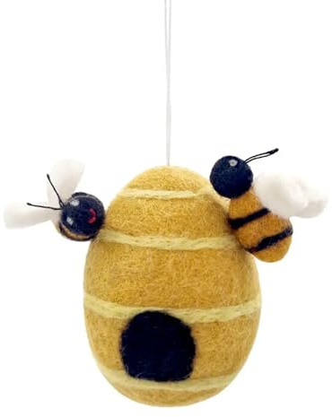 Artisan Community - 12486 - Strauchanhänger, Ostern, Bienenkorb Ei, mit 3 Bienen, gelb, Filz, Handarbeit, 7,5cm x 7cm