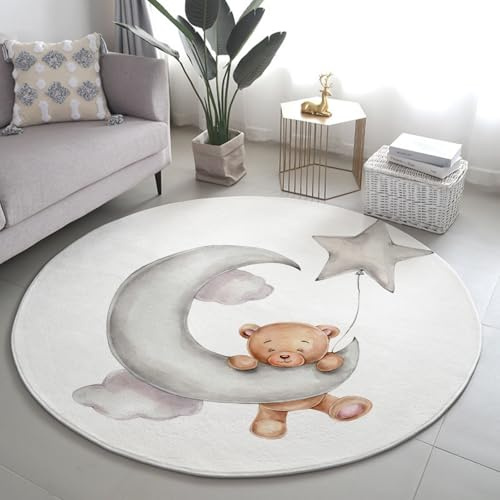 Xisnuient Runder Flauschiger Kinderteppich - Bär mit Rosa Stern Auf Gelbem Mond und Bunten Sternen - Weicher, Waschbarer & Rutschfester Teppich für Babyzimmer & Spielbereich, 130 cm, Color 4