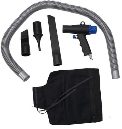 Pneumatic Air Duster and Vacuum Tool, 6KPA Dual Purpose Blower Gun with 3 Adapter Heads, Suction Pipe and Collection Bag for Cleaning Wood Chips Metal Shavings Glass