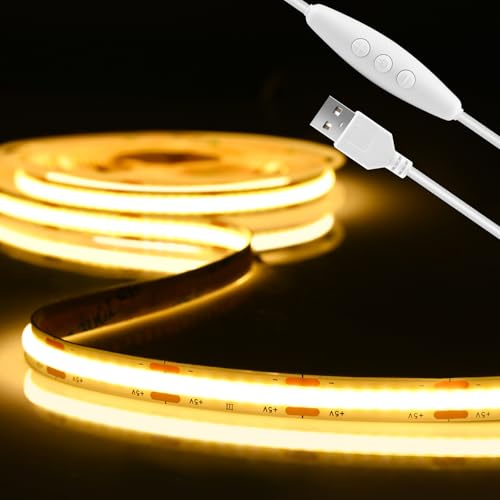 Yisica 2M 5V USB COB LED Strip Light, 640LEDs Warm White 3000K Dimmable LED Tape CRI85+ Flexible Tape Light for TV Monitor Backlight,Mirror,Cabinet,Wardrobe,Home DIY