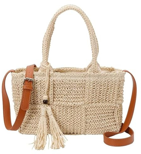 Bolso De Playa Tejido A Mano Con Borlas, Bolso Cruzado De Mimbre De Verano, Bolso De Hombro De Ganchillo Con Borlas De Paja, Correa De Hombro Ajustable(Beige)