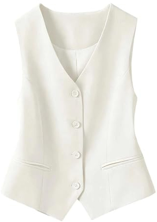 Genérico Chaleco Mujer Chaqueta Verano Mujer Ajustado con Botones Cuello V Chaleco sin Mangas con Abertura Frontal para Trabajo y Negocios (2-White, M)