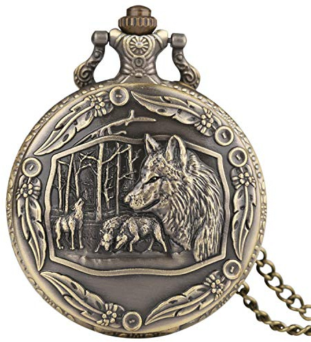 Engraved Pocket Watch for Men Women Steampunk Big Wolf Pattern Quartz Analog Necklace Pocket Watch Chain Xmas Gifts for Men Boys - 1.8 Dial