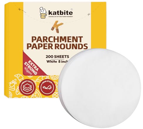 Katbite 200pcs 8 Inch Baking Paper, Ultra-Strong Unbleached Parchment Paper Round, Non Stick Greaseproof Paper Sheets Suitable for Baking,Cooking,Air Fryer