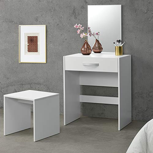 [en.casa] Juego de Tocador Mesa de Maquillaje con Espejo y Taburete 132 x 63 x 39 cm Mesa cosmética con Cajón Silla Peine Blanco