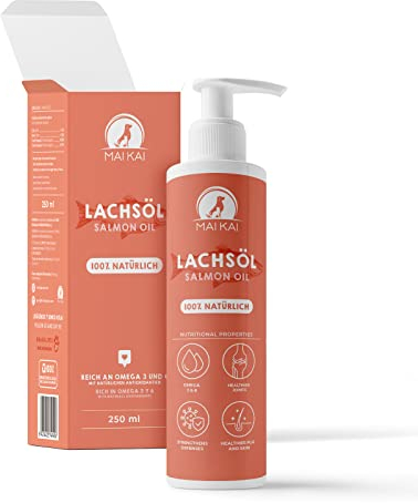 MAIKAI 250 ml Lachsöl für Hunde und Katzen – Omega 3 – Gesunde Haut + Fellpflege – Unterstützung für Gelenke + Abwehrkräfte – 100 % natürlich – Barf Öl Hund
