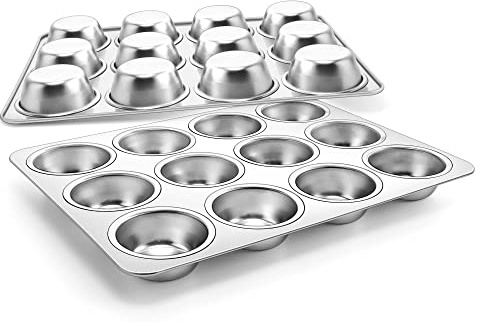 Joyfair Juego de 2 moldes para magdalenas acero inoxidable para 12 magdalenas, moldes para magdalenas de 35 x 27 cm, molde para magdalenas, brownies, pudding, pasteles, no tóxicos y saludables